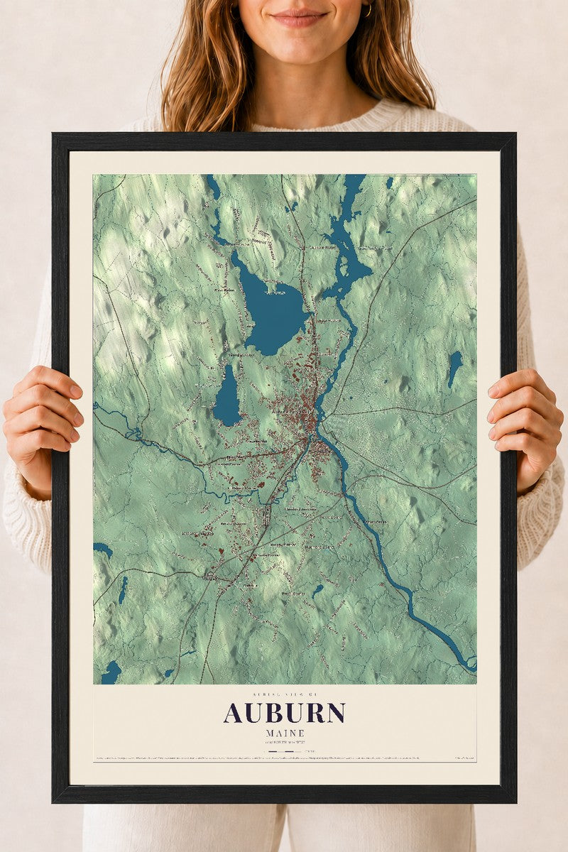 Auburn, Maine map print - 18 x 24 black Ayous wood frame