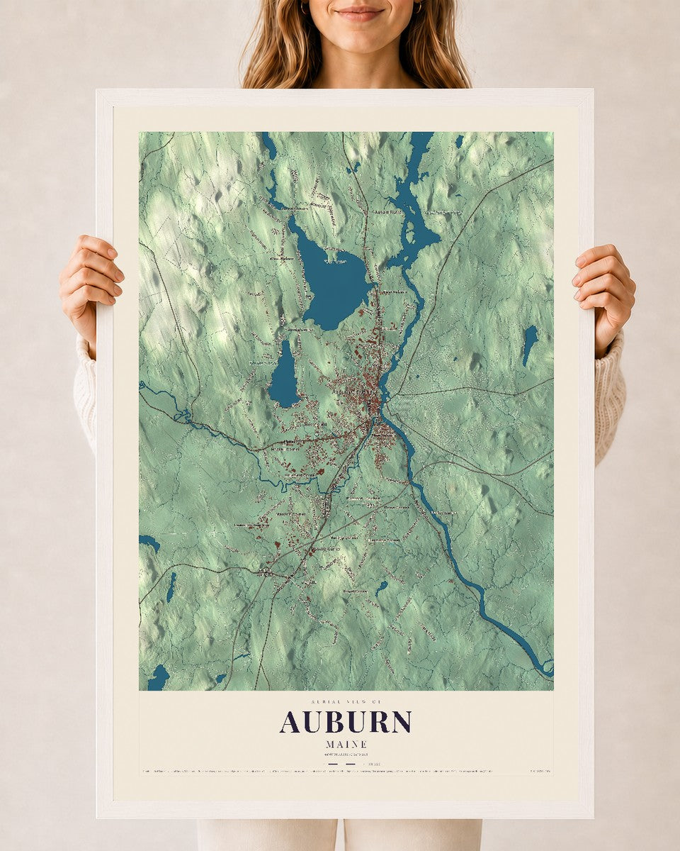 Auburn, Maine map print - 24 x 36 white Ayous wood frame