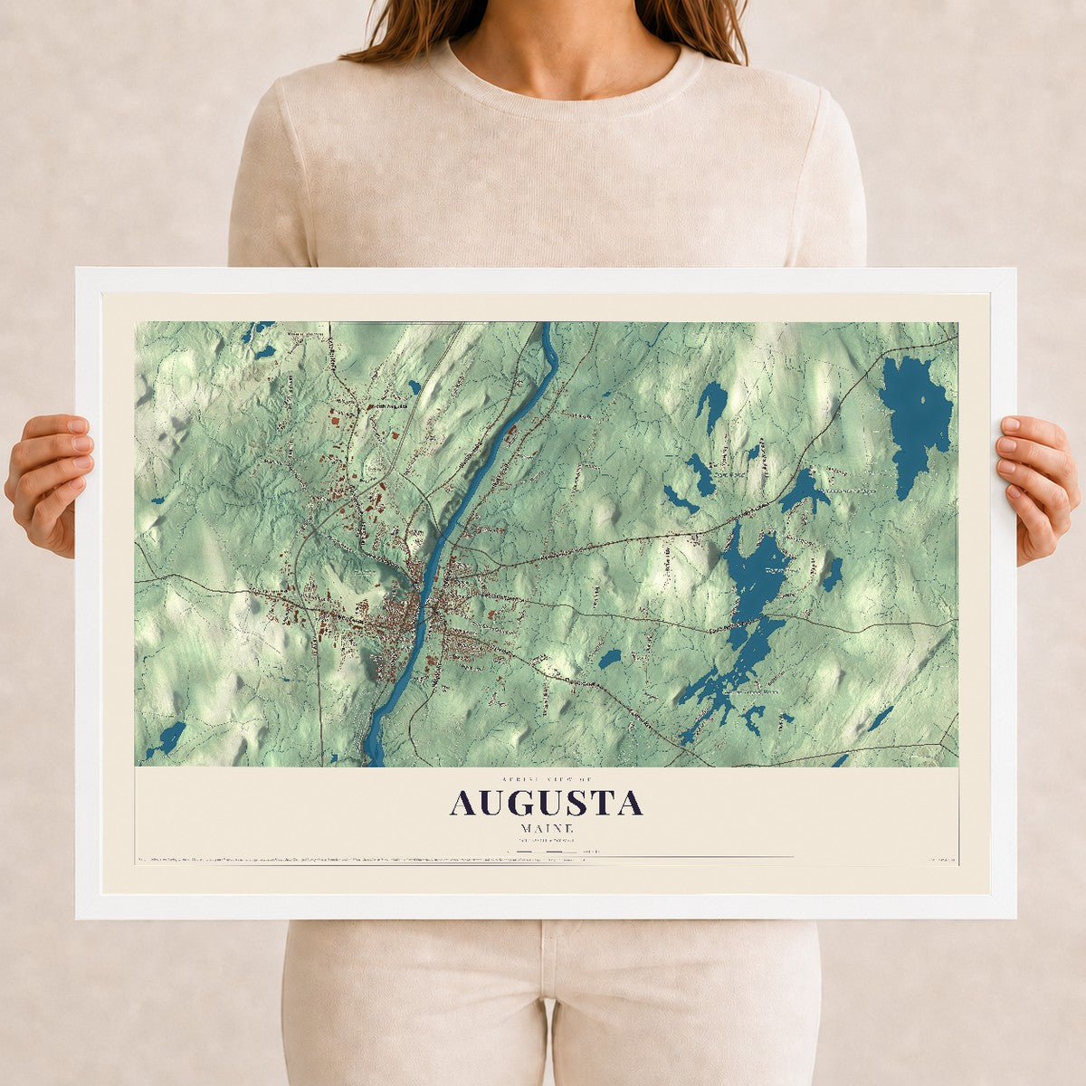Augusta, Maine map print - 12 x 18 white Ayous wood frame