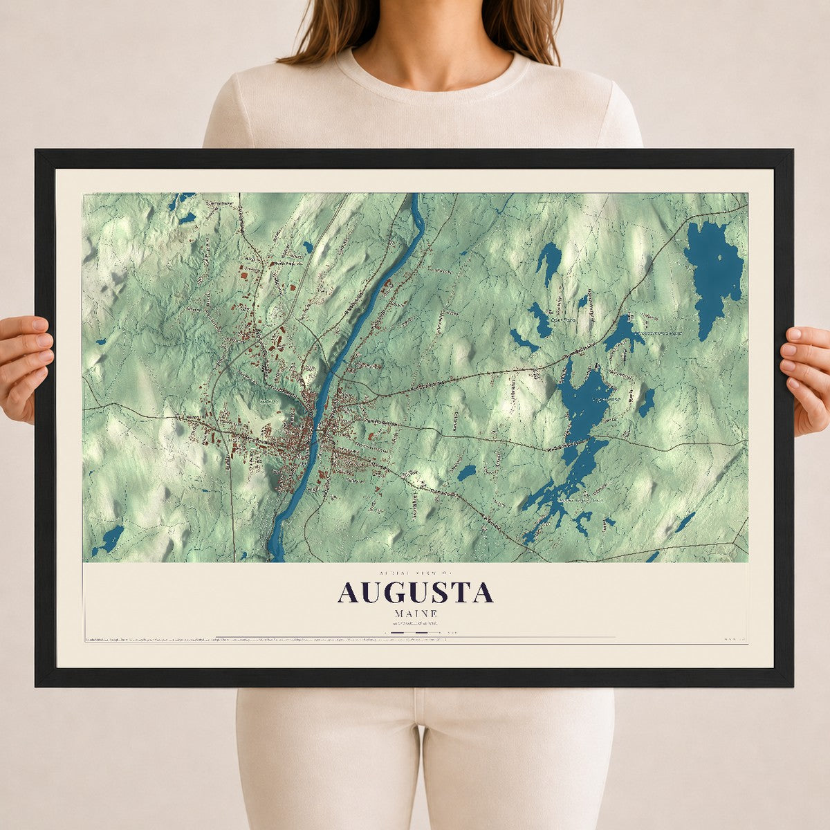 Augusta, Maine map print - 18 x 24 black Ayous wood frame