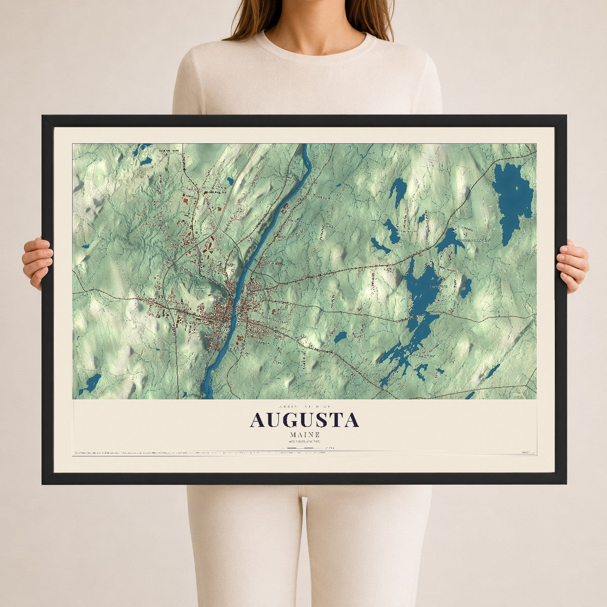 Augusta, Maine map print - 24 x 36 black Ayous wood frame