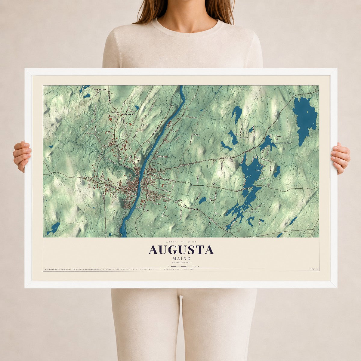Augusta, Maine map print - 24 x 36 white Ayous wood frame