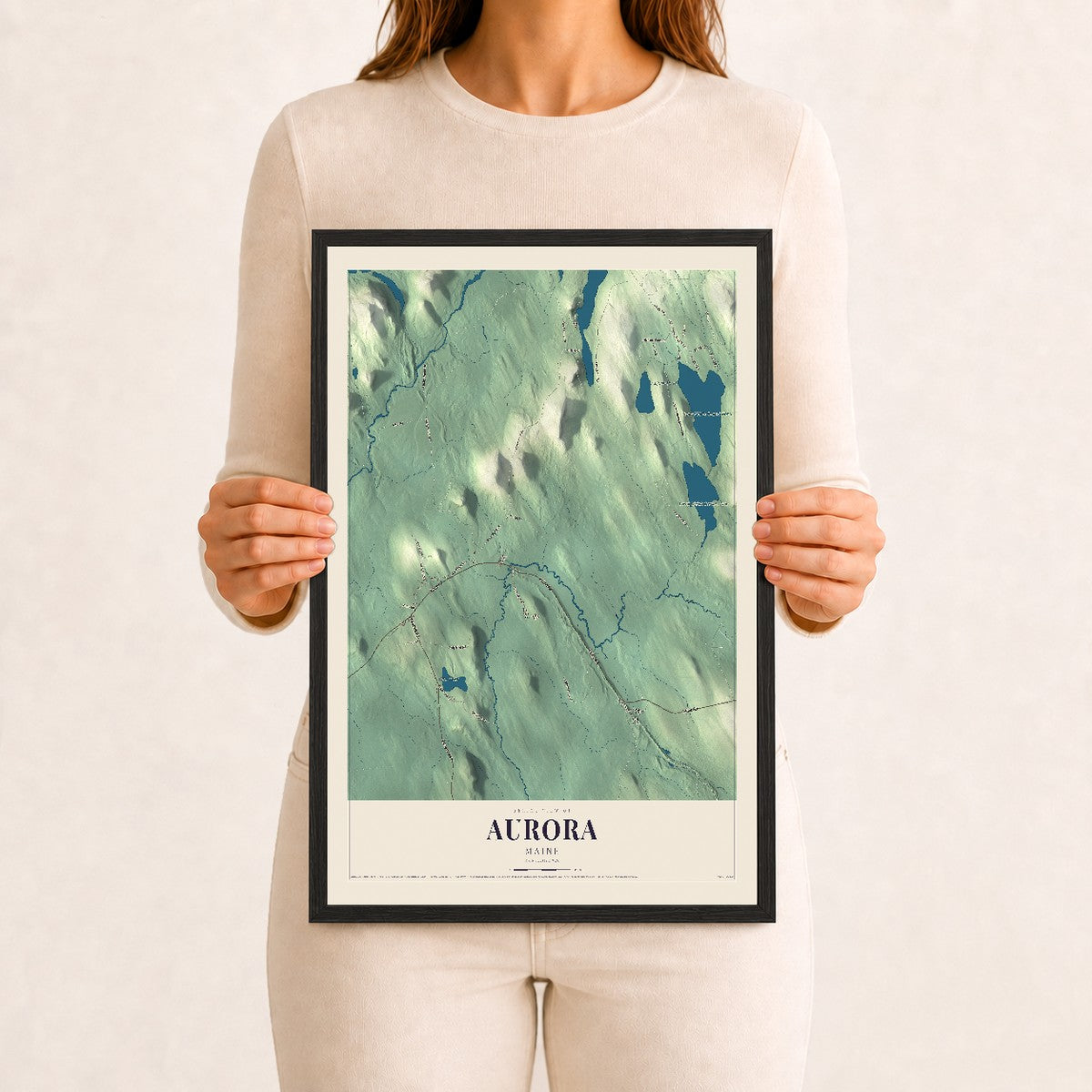 Aurora, Maine map print - 12 x 18 black Ayous wood frame