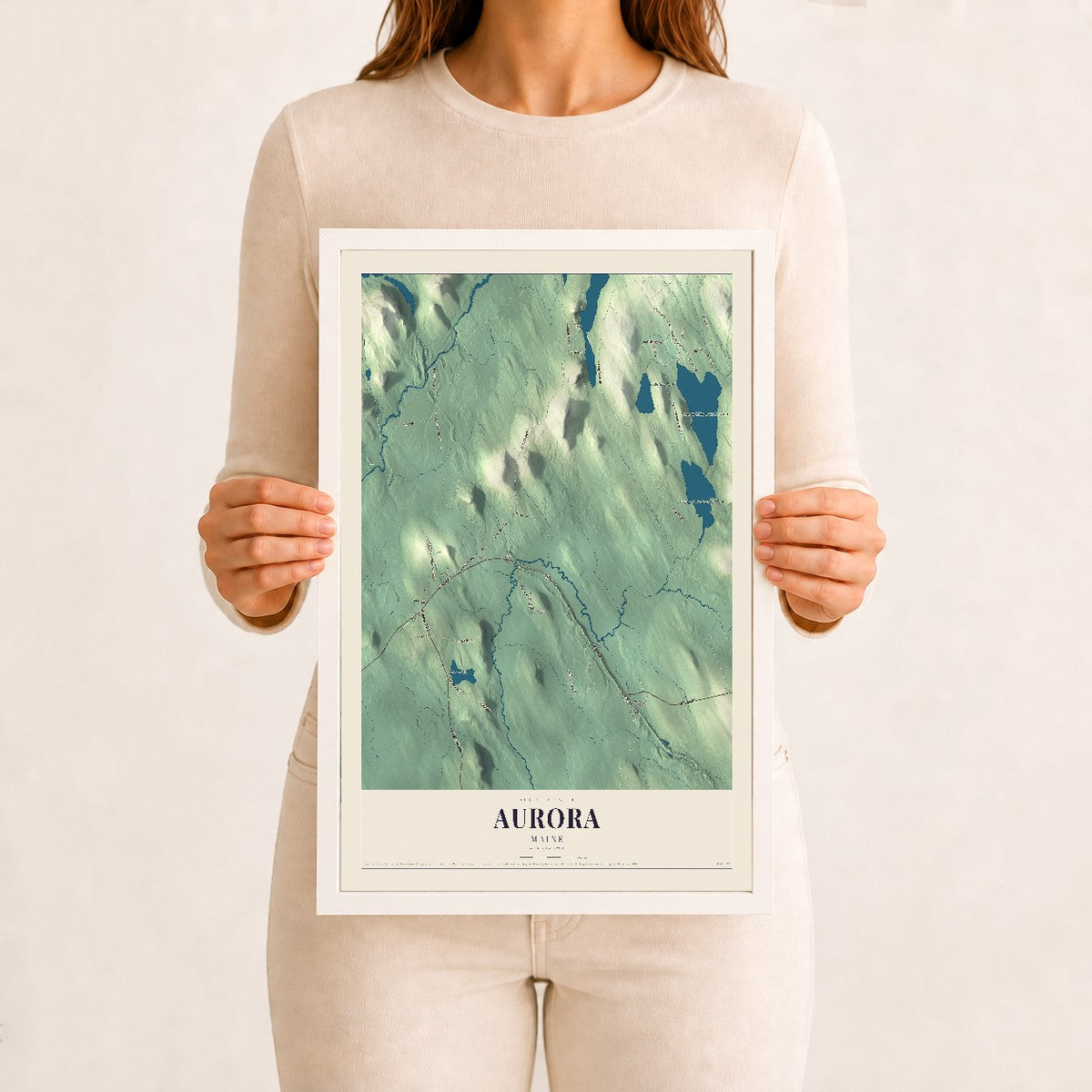 Aurora, Maine map print - 12 x 18 white Ayous wood frame