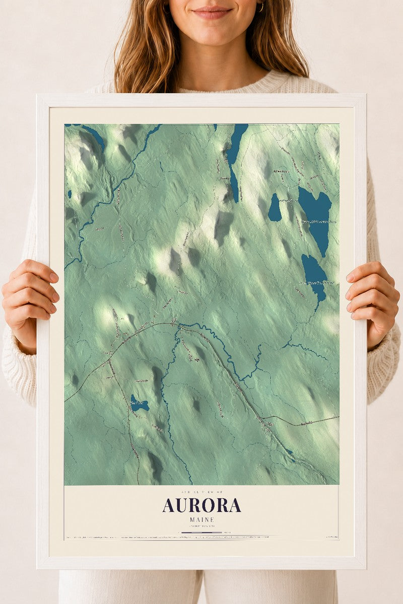 Aurora, Maine map print - 18 x 24 white Ayous wood frame