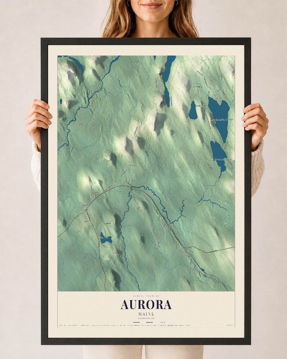 Aurora, Maine map print - 24 x 36 black Ayous wood frame