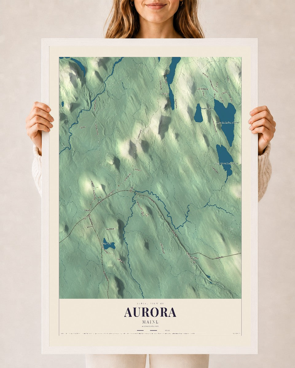 Aurora, Maine map print - 24 x 36 white Ayous wood frame