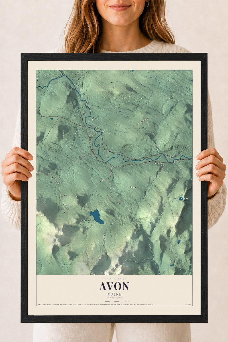 Avon, Maine map print - 18 x 24 black Ayous wood frame