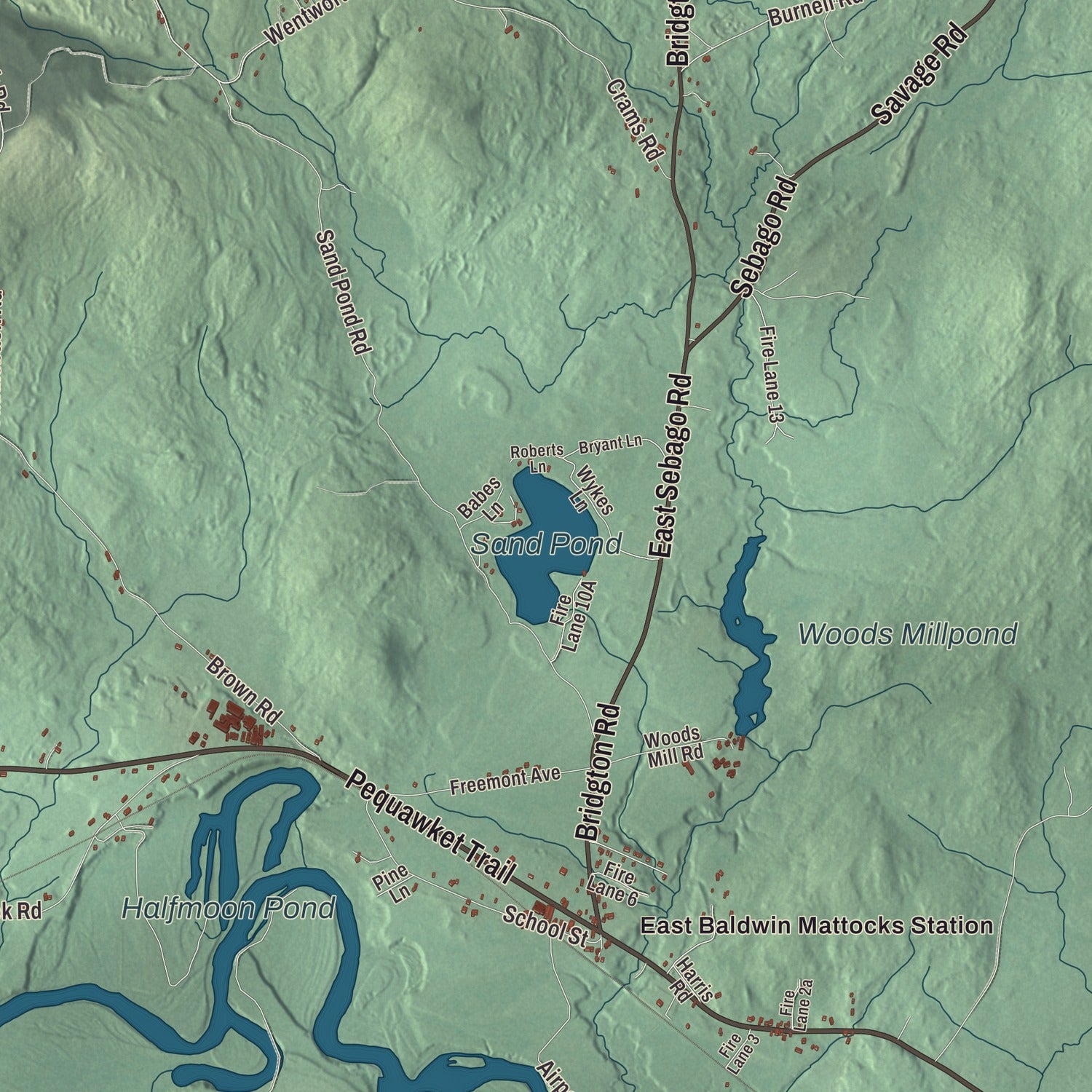 Terrain and local geography detail from the Baldwin, Maine map