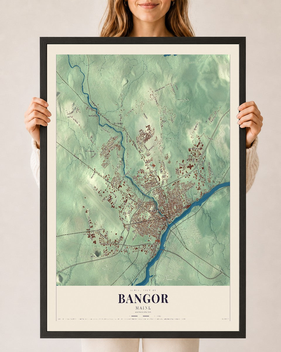 Bangor, Maine map print - 24 x 36 black Ayous wood frame