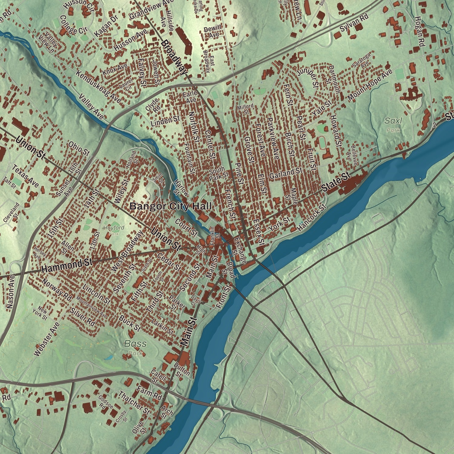 Terrain and local geography detail from the Bangor, Maine map