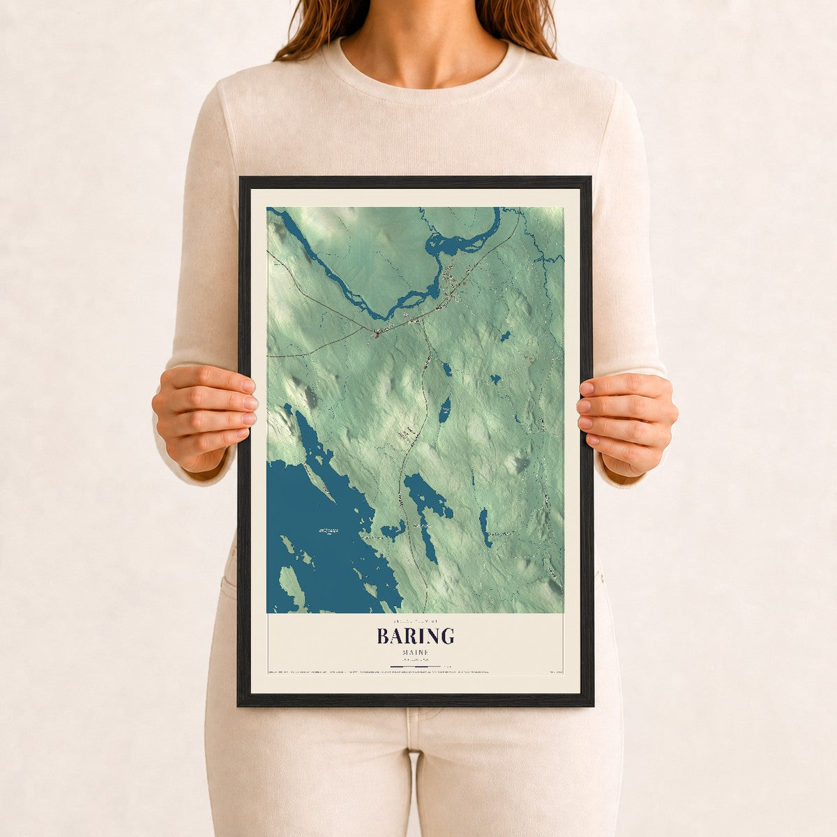Baring, Maine map print - 12 x 18 black Ayous wood frame