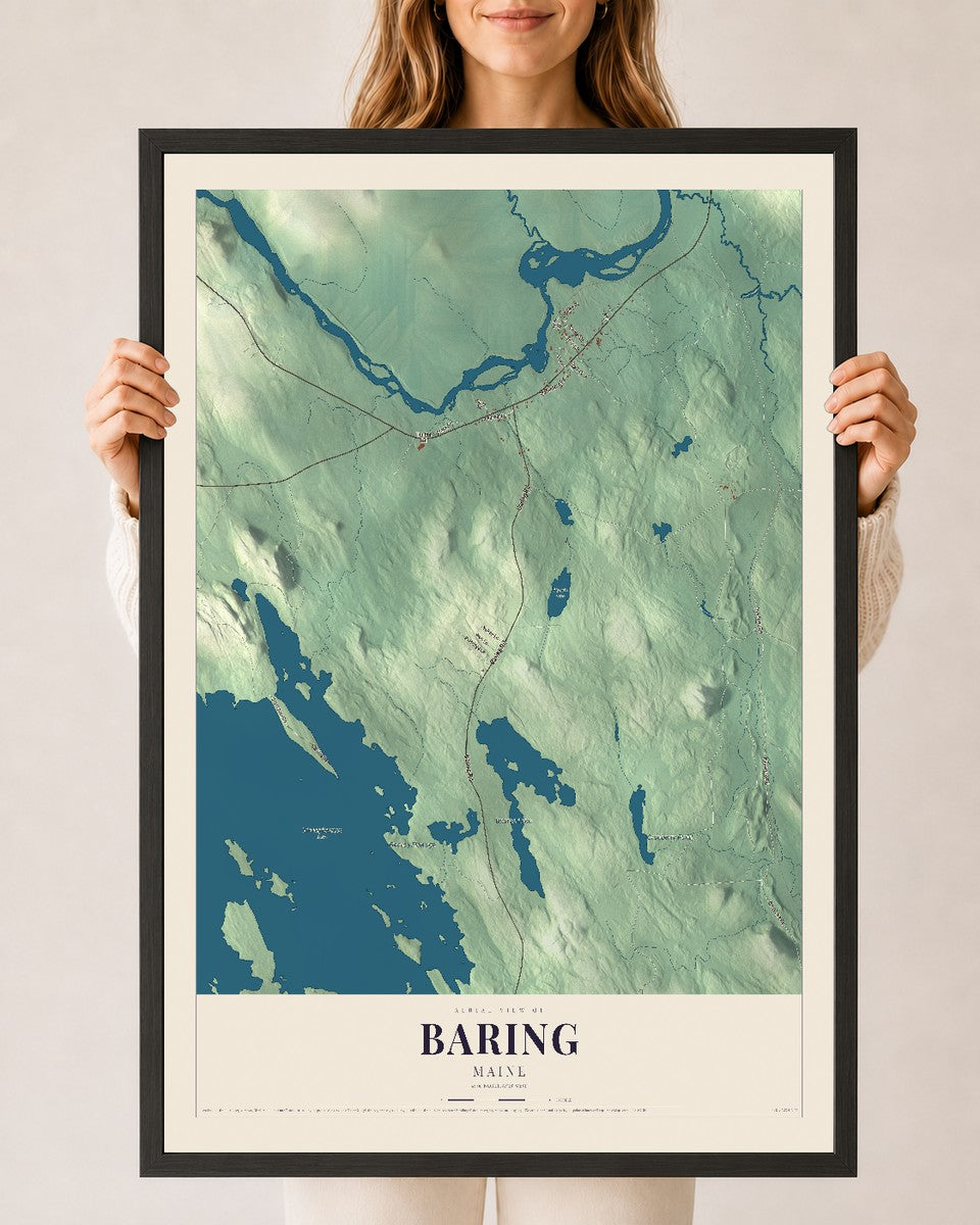 Baring, Maine map print - 24 x 36 black Ayous wood frame