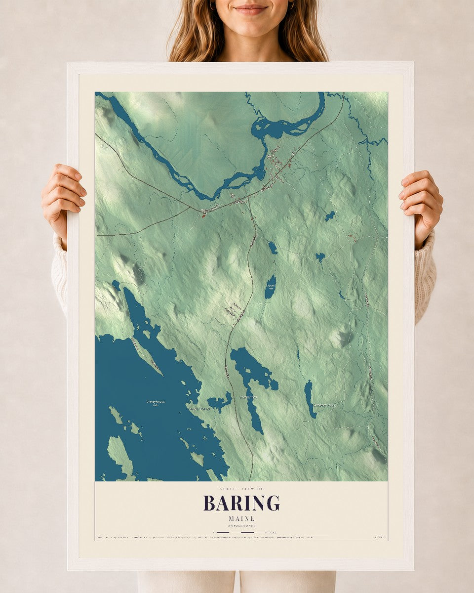 Baring, Maine map print - 24 x 36 white Ayous wood frame
