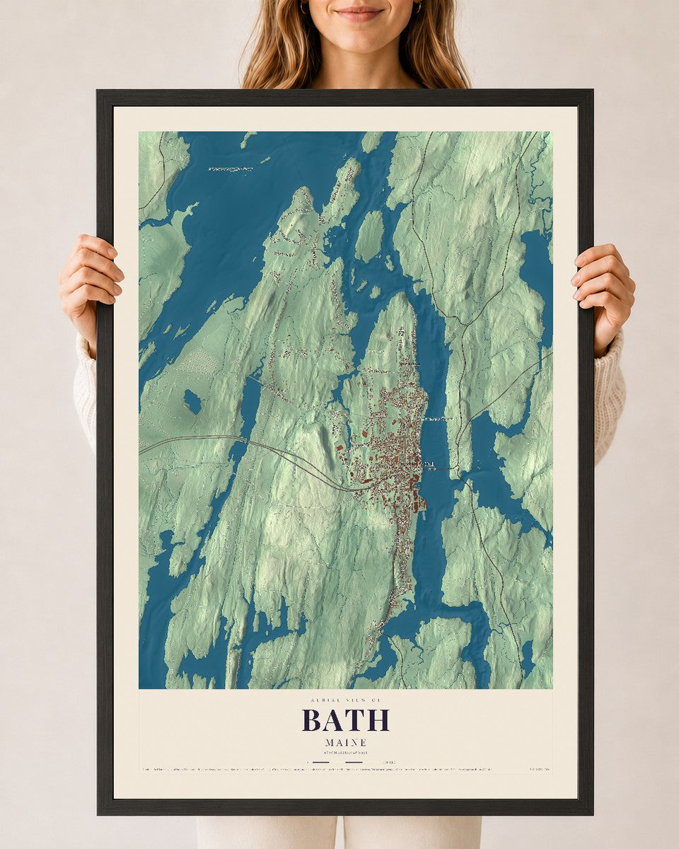 Bath, Maine map print - 24 x 36 black Ayous wood frame