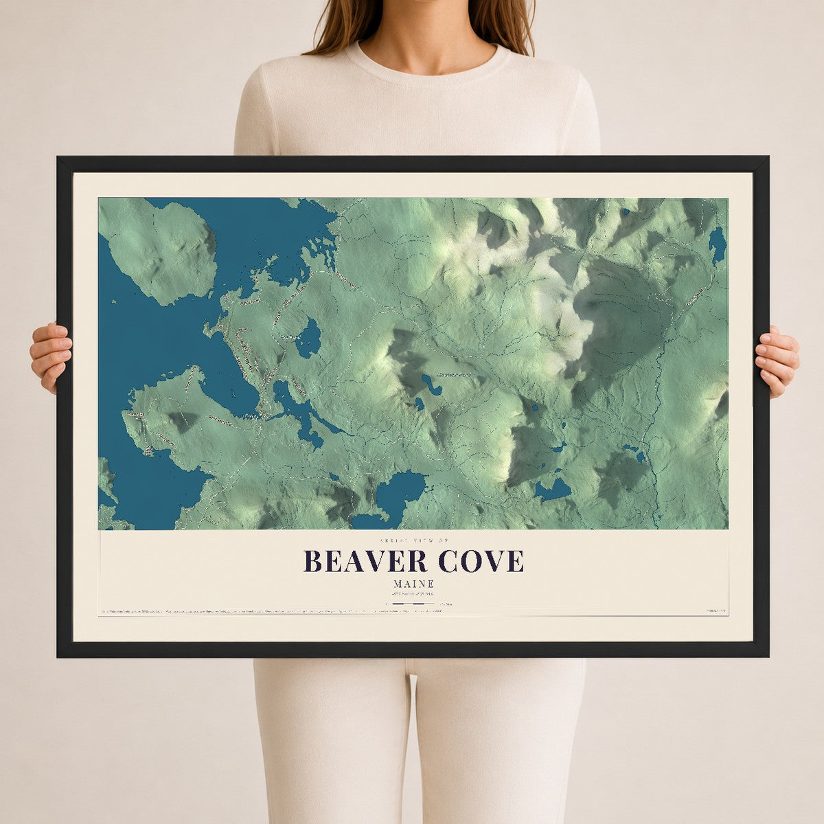 Beaver Cove, Maine map print - 24 x 36 black Ayous wood frame