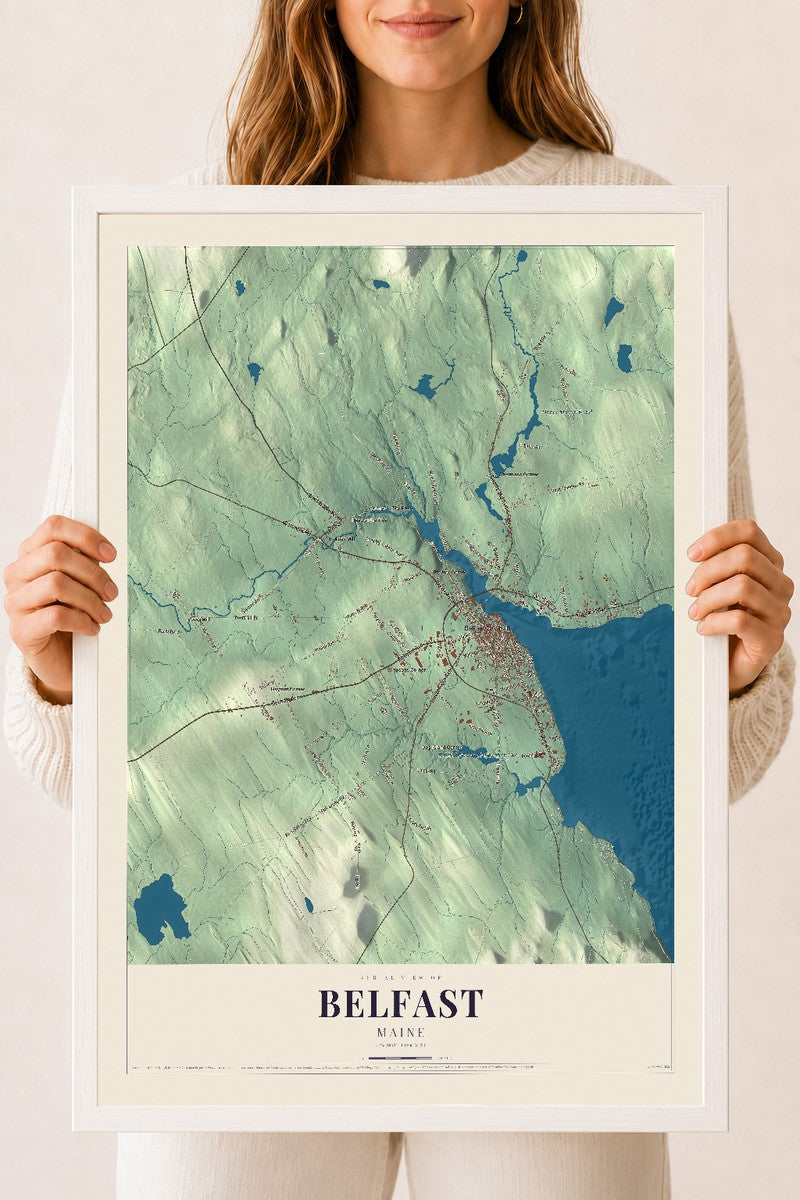 Belfast, Maine map print - 18 x 24 white Ayous wood frame
