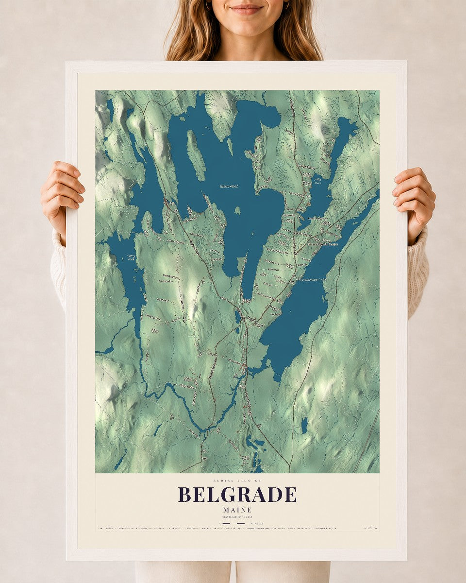 Belgrade, Maine map print - 24 x 36 white Ayous wood frame