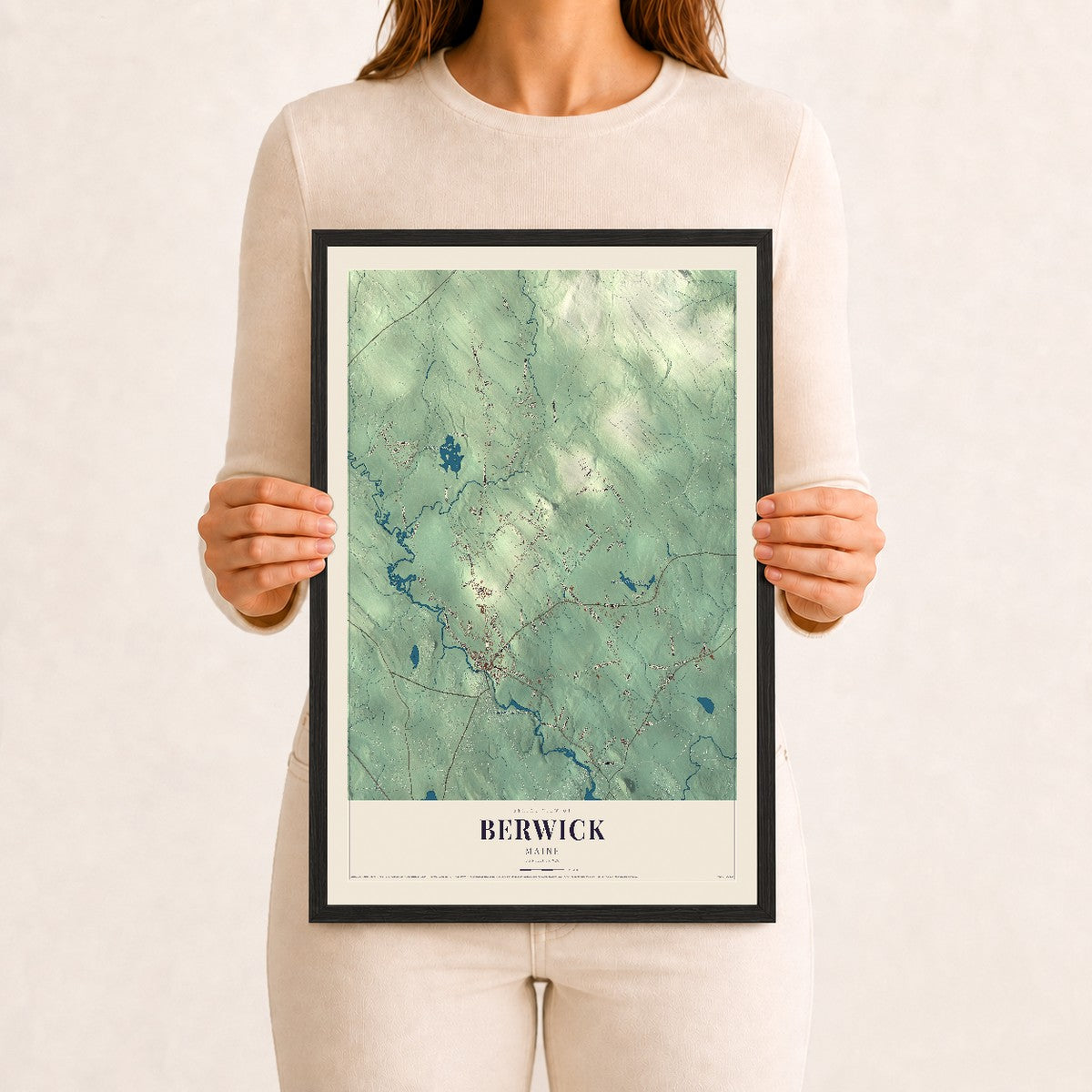 Berwick, Maine map print - 12 x 18 black Ayous wood frame