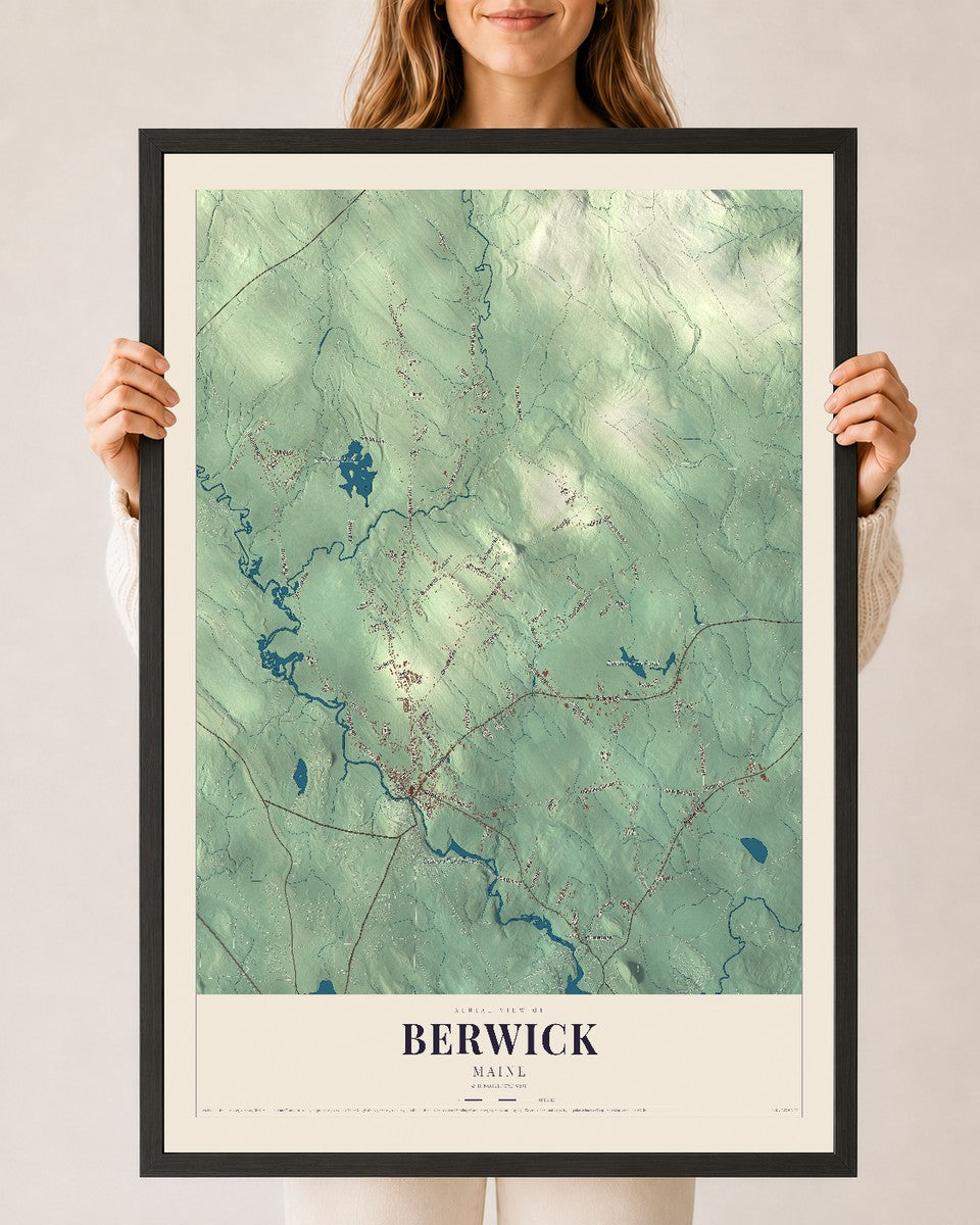 Berwick, Maine map print - 24 x 36 black Ayous wood frame
