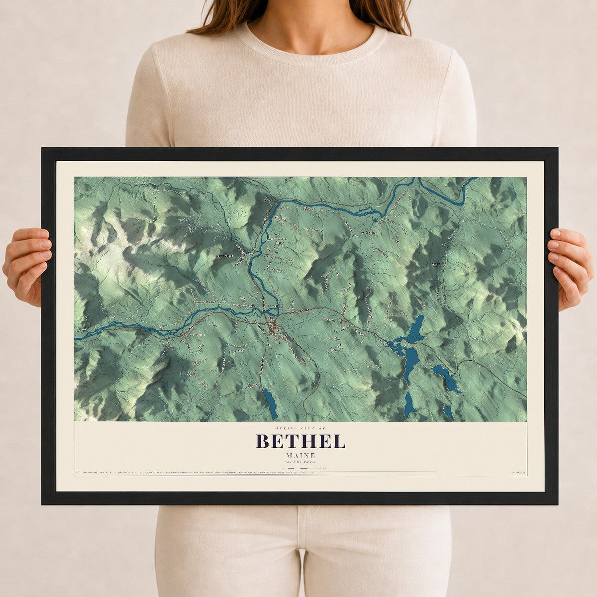 Bethel, Maine map print - 12 x 18 black Ayous wood frame