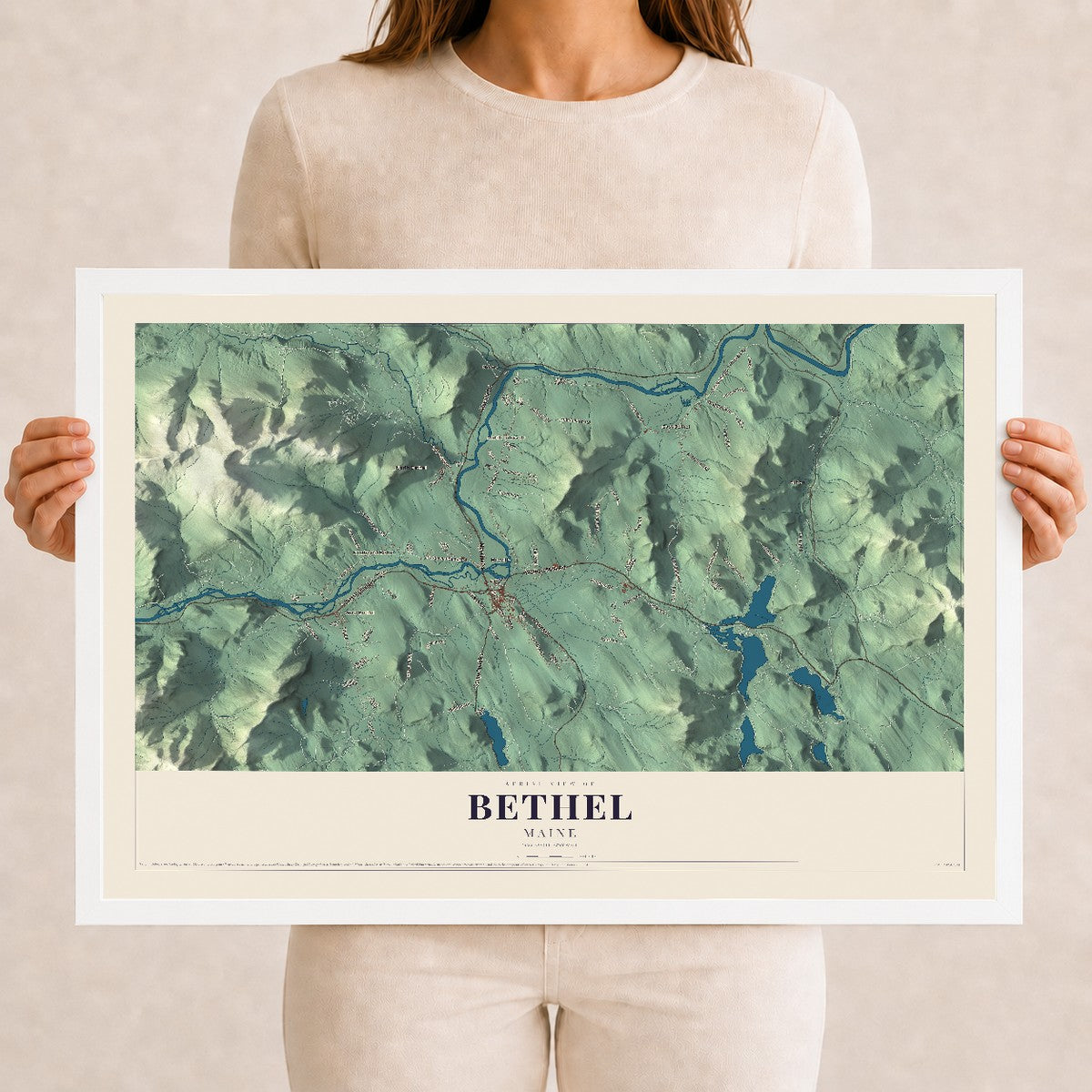 Bethel, Maine map print - 12 x 18 white Ayous wood frame