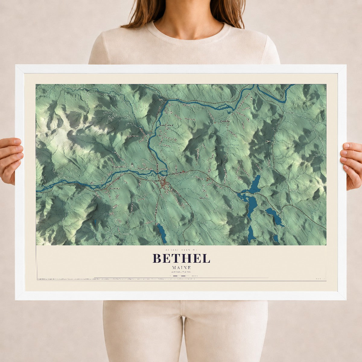 Bethel, Maine map print - 18 x 24 white Ayous wood frame