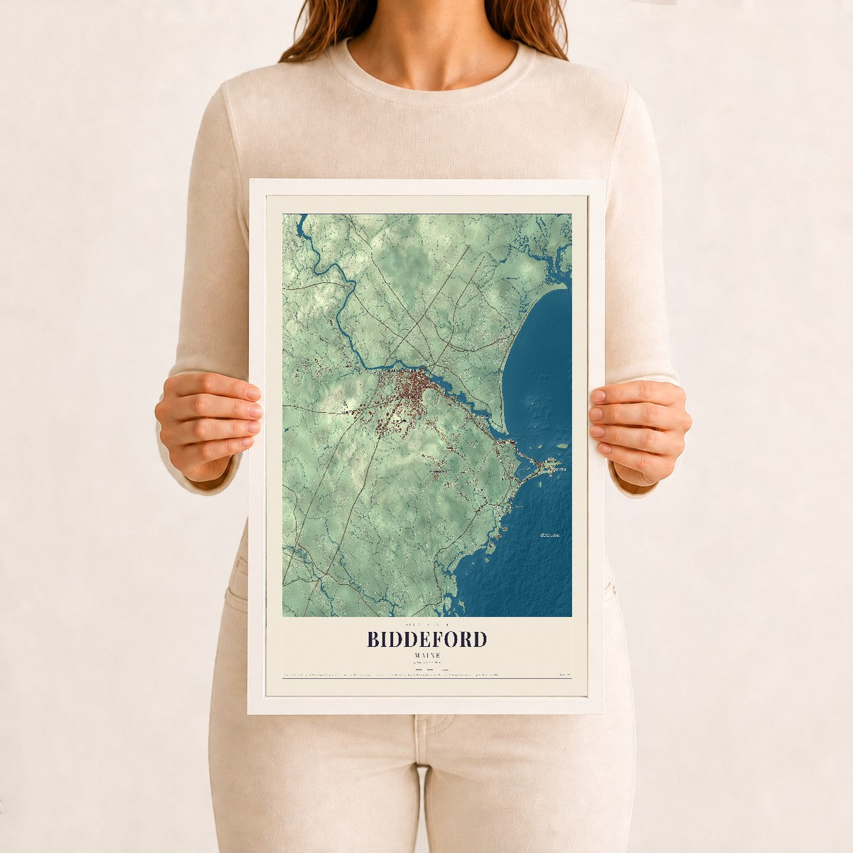 Biddeford, Maine map print - 12 x 18 white Ayous wood frame