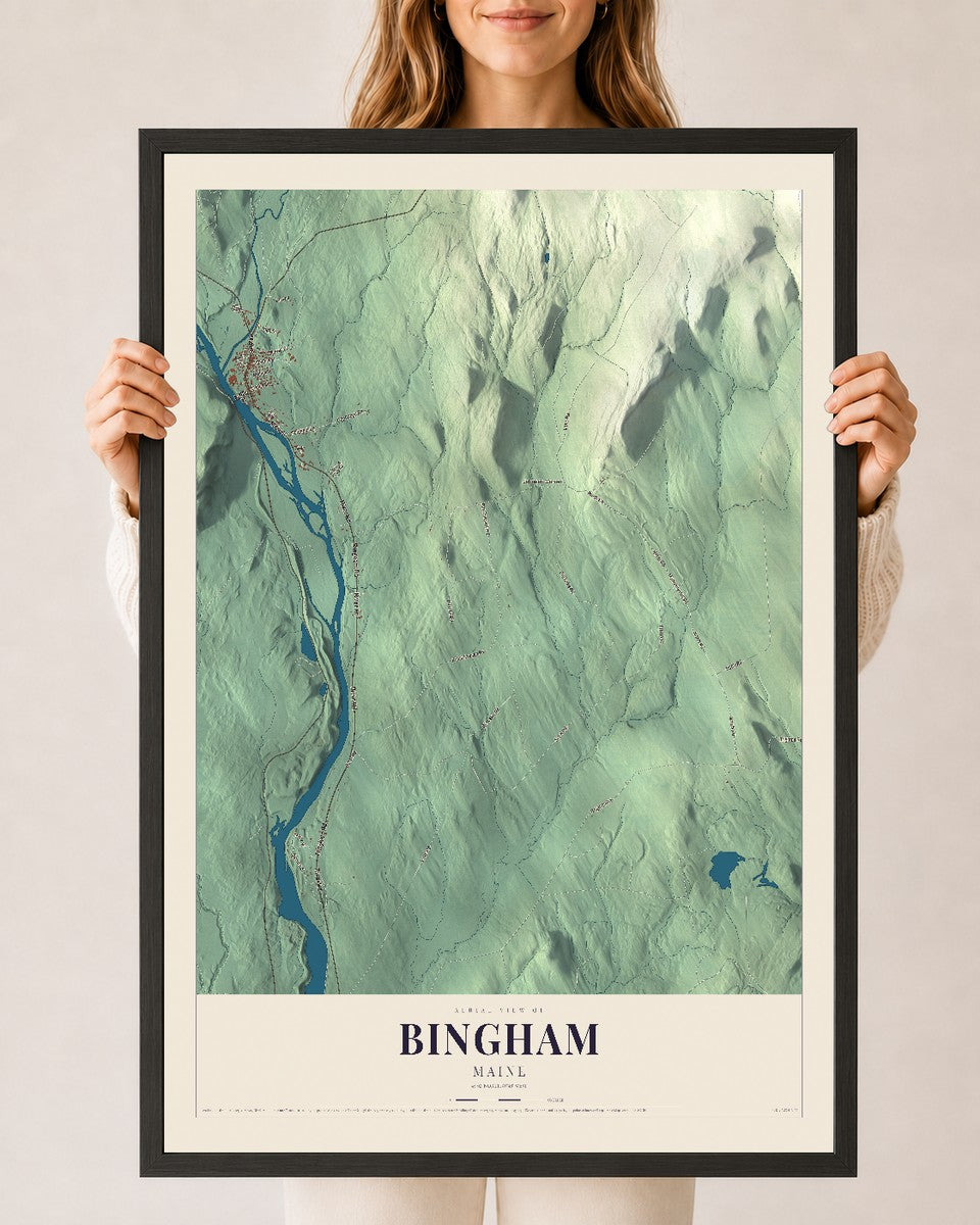 Bingham, Maine map print - 24 x 36 black Ayous wood frame