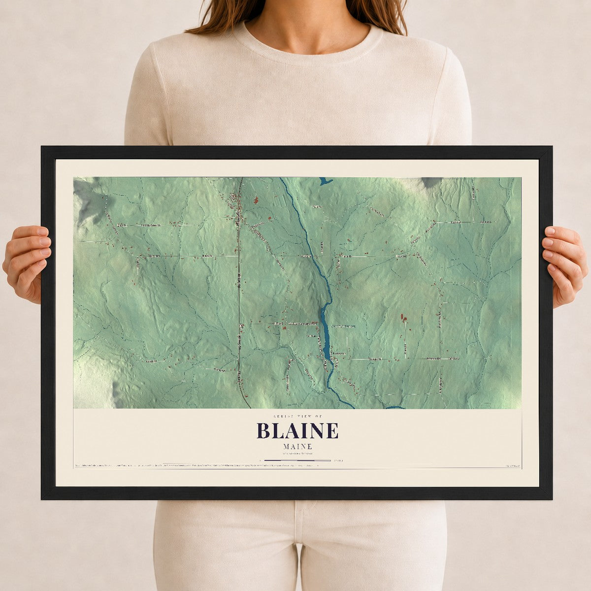 Blaine, Maine map print - 12 x 18 black Ayous wood frame