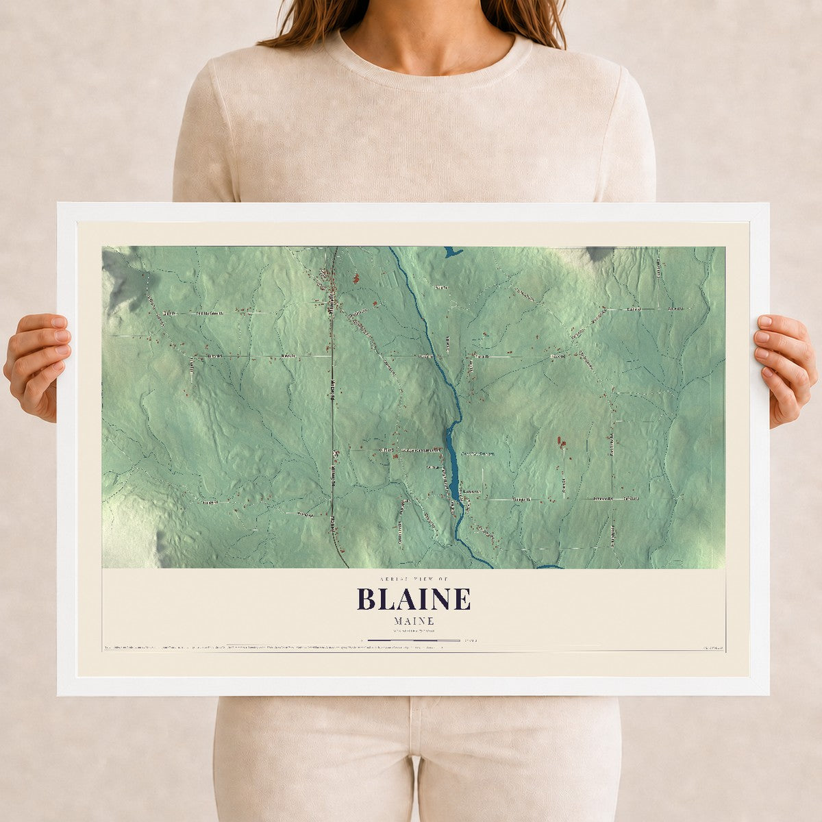 Blaine, Maine map print - 12 x 18 white Ayous wood frame