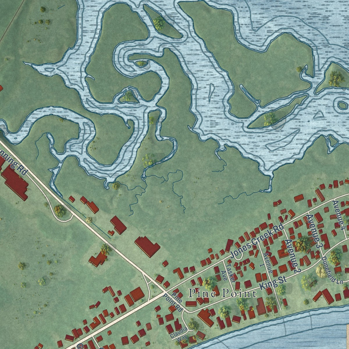 Close-up of the map of Blue Point, Maine print showing street and building detail