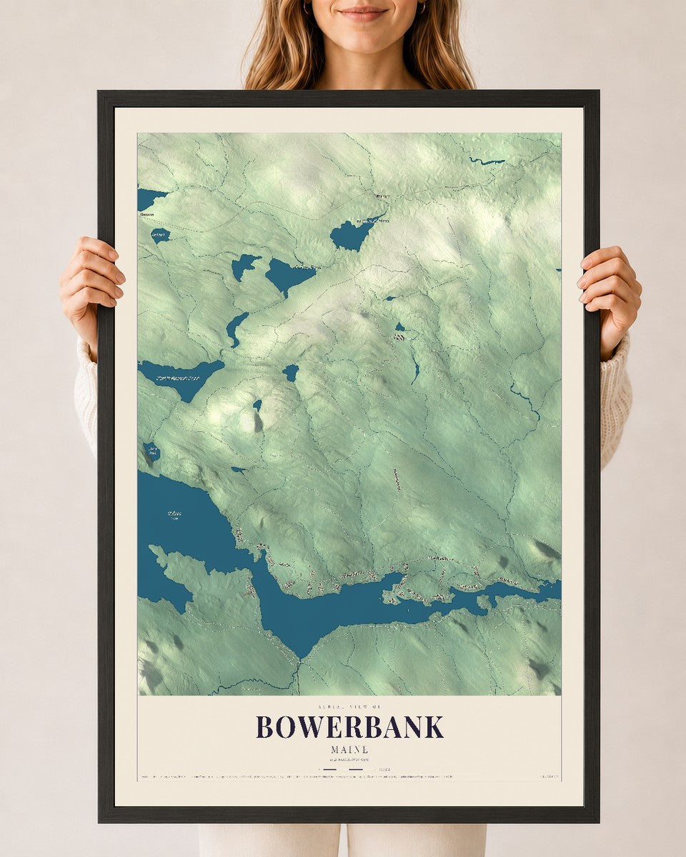 Bowerbank, Maine map print - 24 x 36 black Ayous wood frame