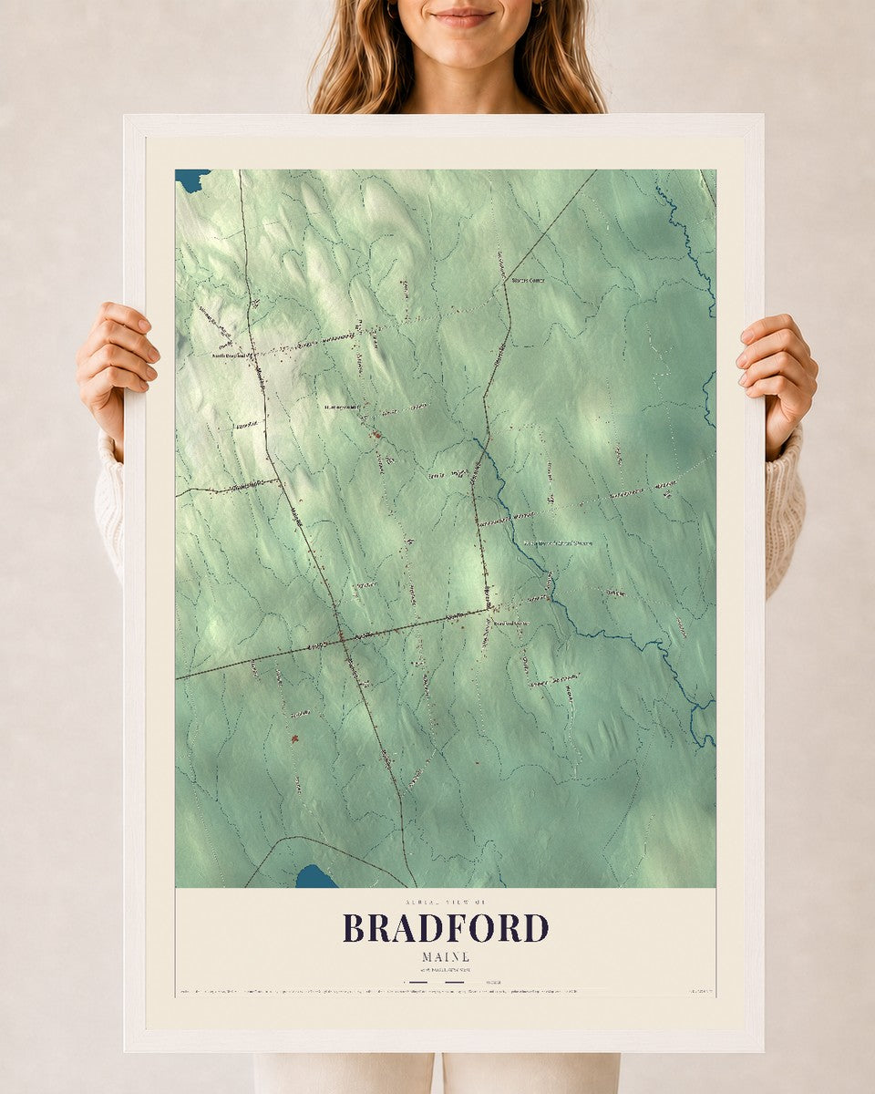 Bradford, Maine map print - 24 x 36 white Ayous wood frame