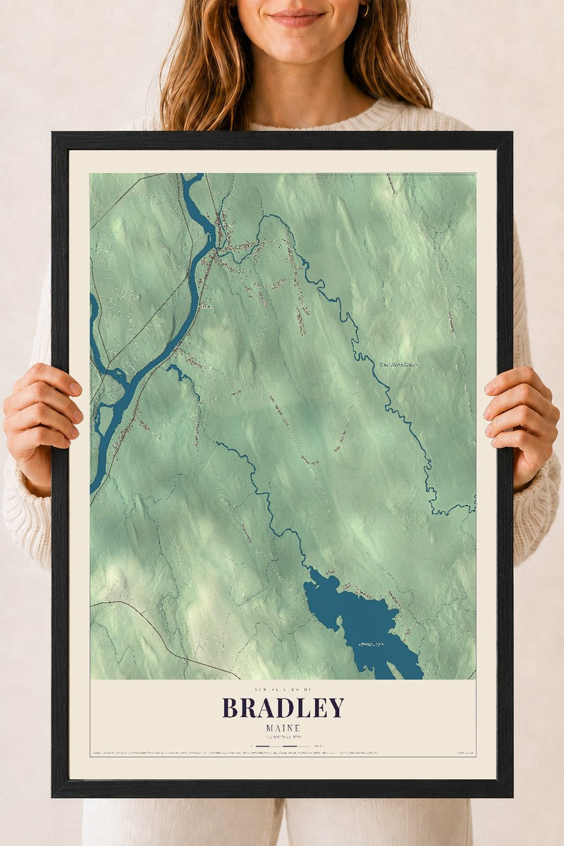 Bradley, Maine map print - 18 x 24 black Ayous wood frame