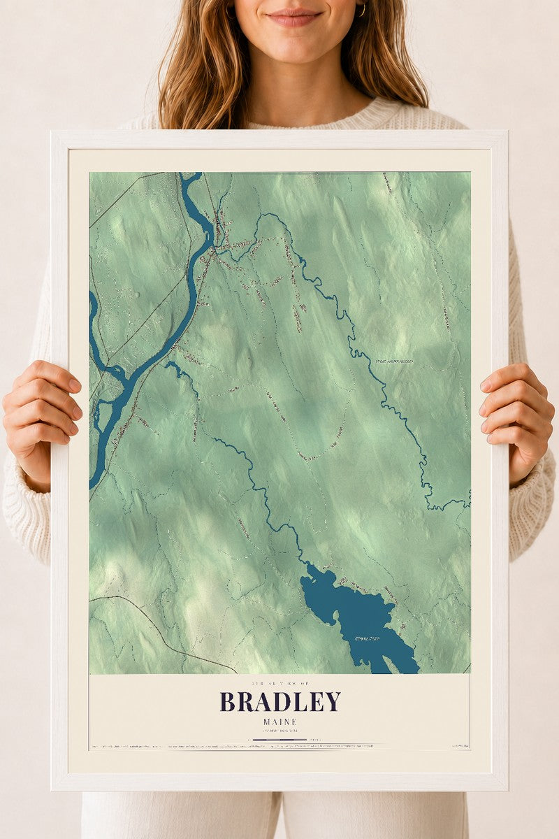 Bradley, Maine map print - 18 x 24 white Ayous wood frame