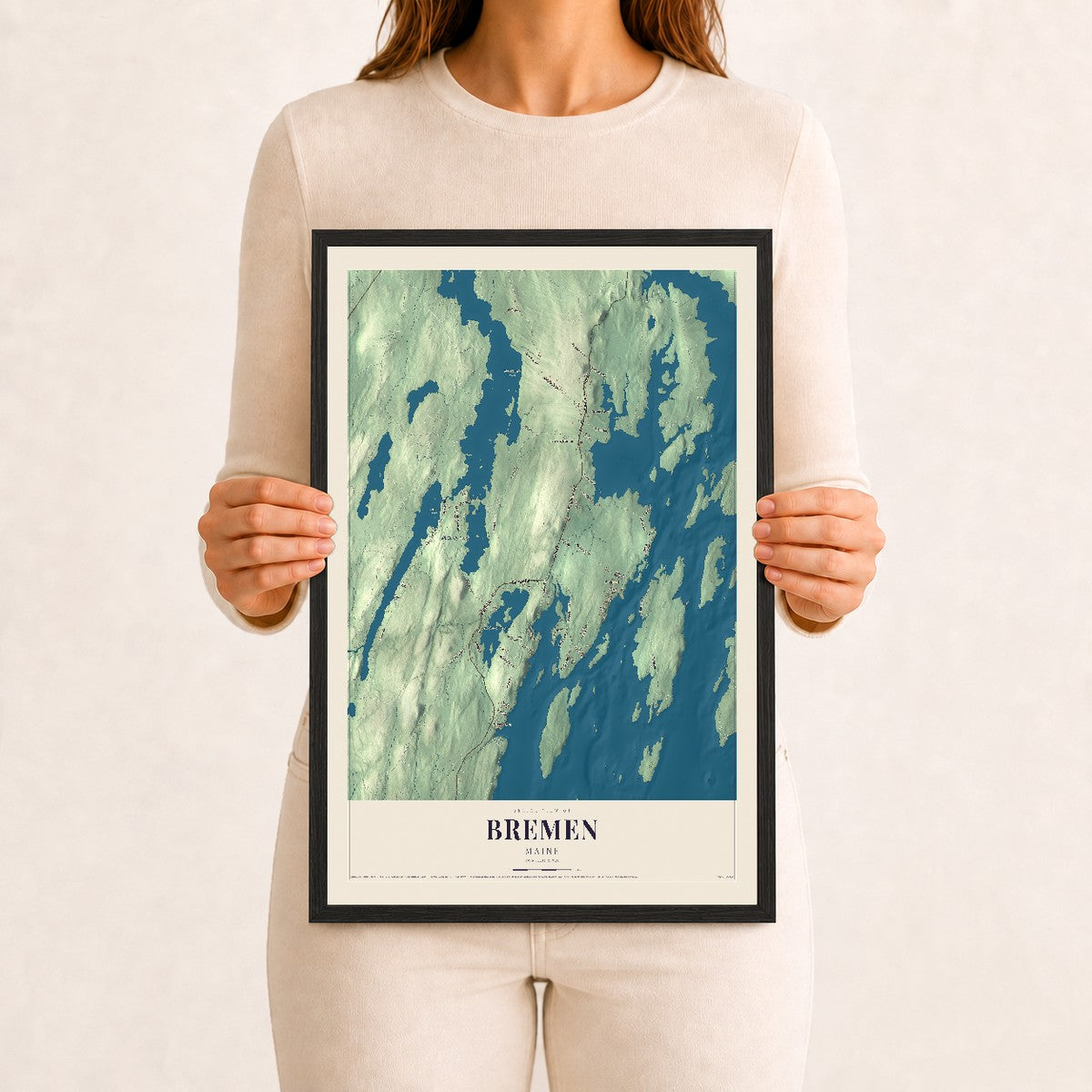 Bremen, Maine map print - 12 x 18 black Ayous wood frame