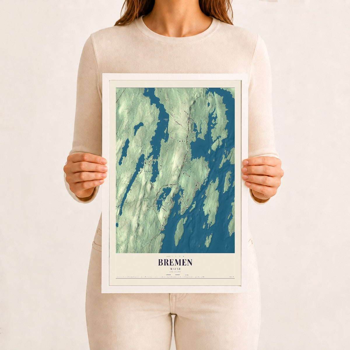 Bremen, Maine map print - 12 x 18 white Ayous wood frame