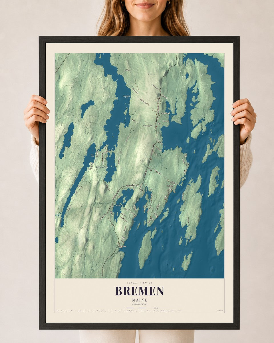 Bremen, Maine map print - 24 x 36 black Ayous wood frame