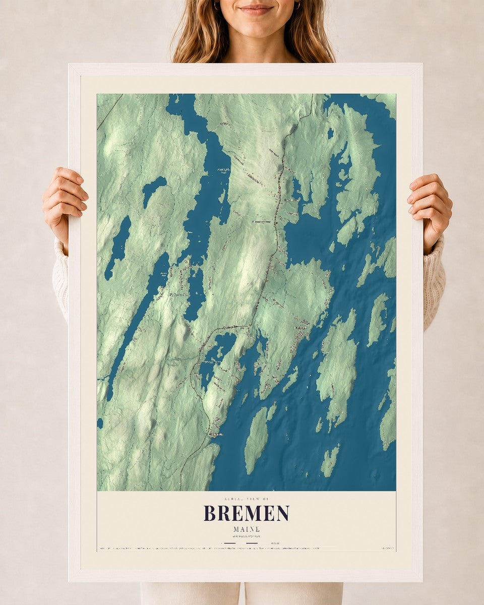 Bremen, Maine map print - 24 x 36 white Ayous wood frame