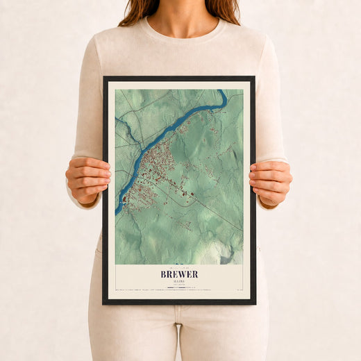 Map of Brewer, Maine, 12 x 18 inch print in a black wood frame