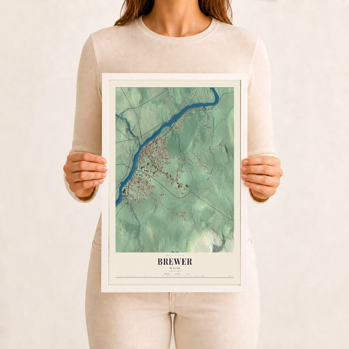 Brewer, Maine map print - 12 x 18 white Ayous wood frame
