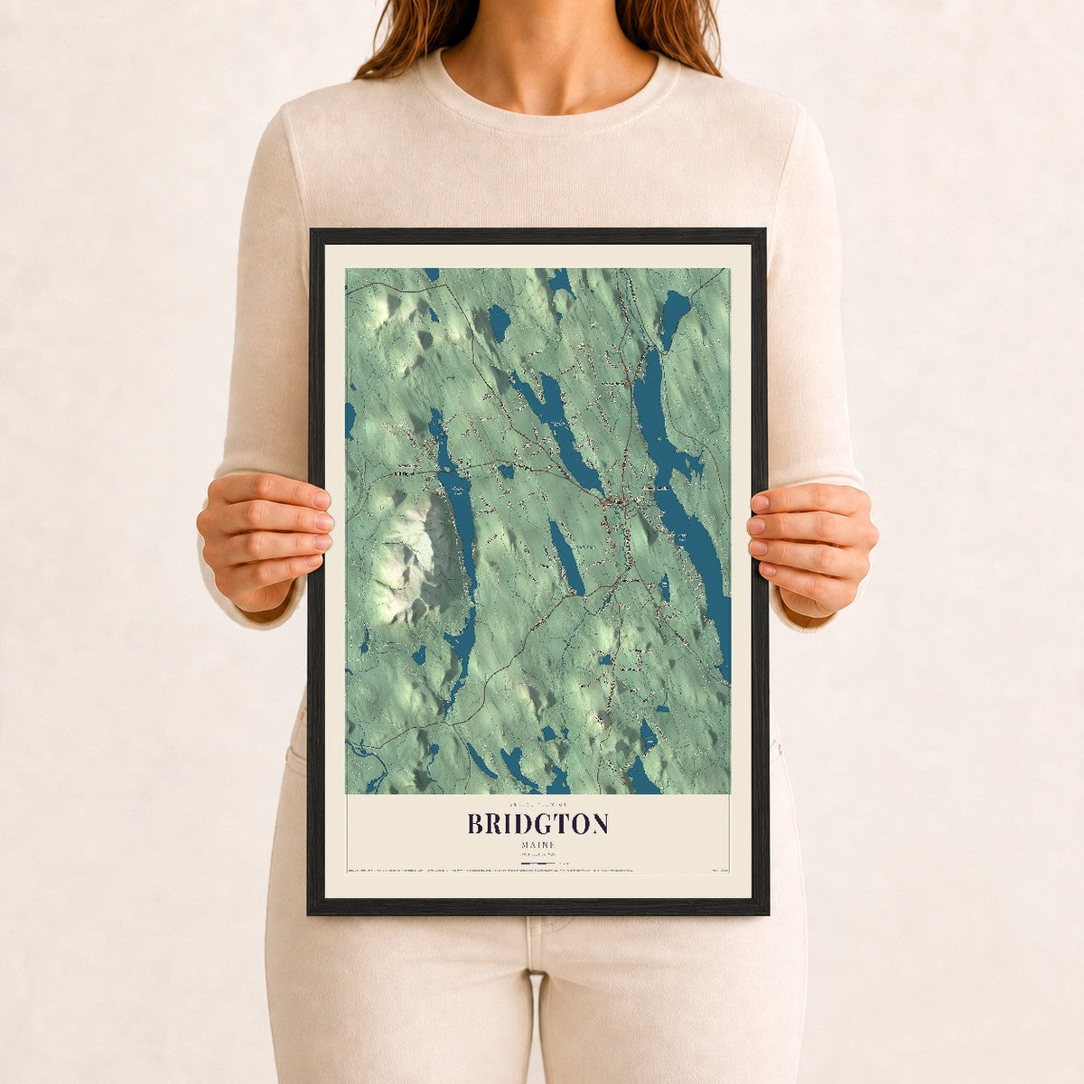 Bridgton, Maine map print - 12 x 18 black Ayous wood frame