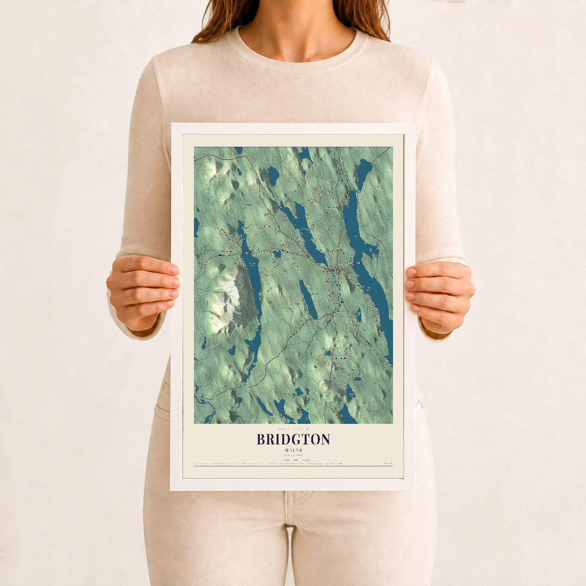 Bridgton, Maine map print - 12 x 18 white Ayous wood frame
