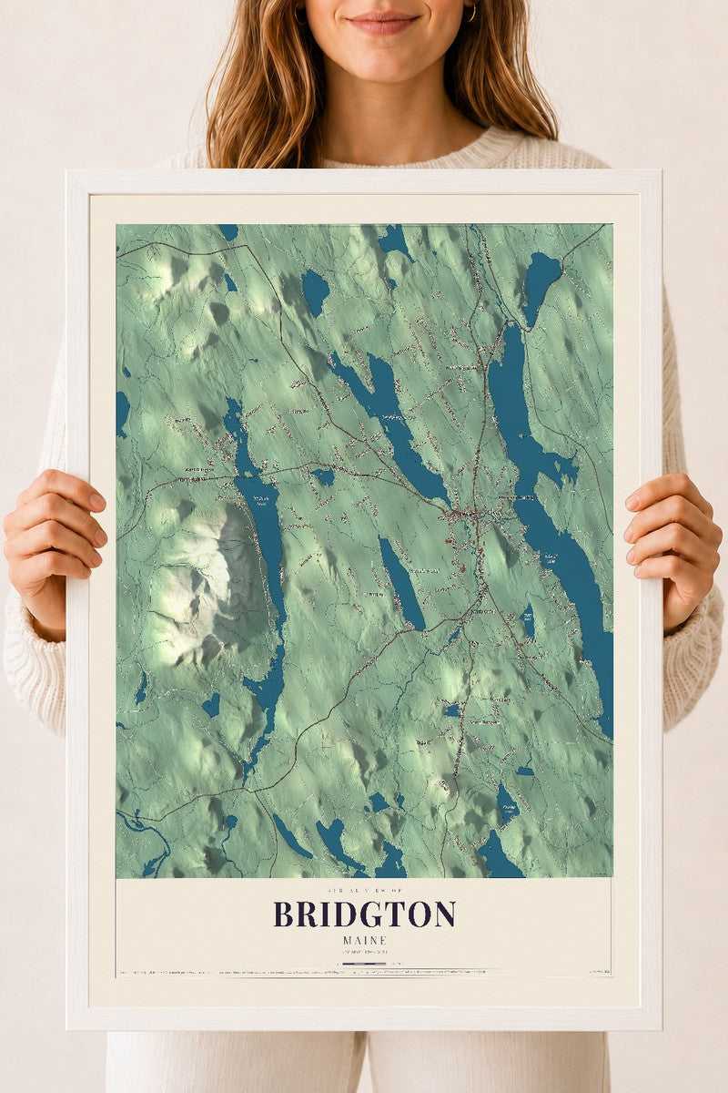 Bridgton, Maine map print - 18 x 24 white Ayous wood frame
