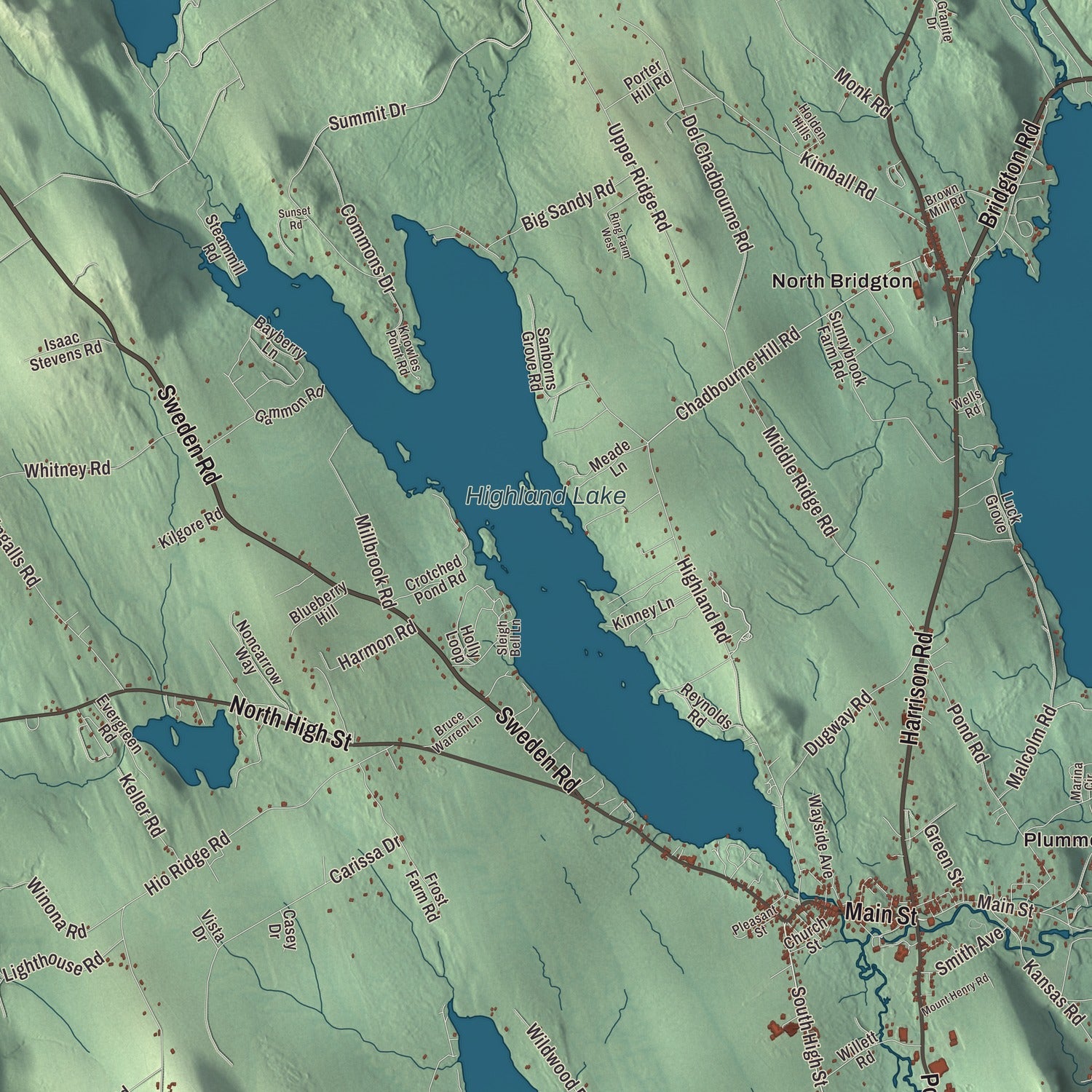 Terrain and local geography detail from the Bridgton, Maine map