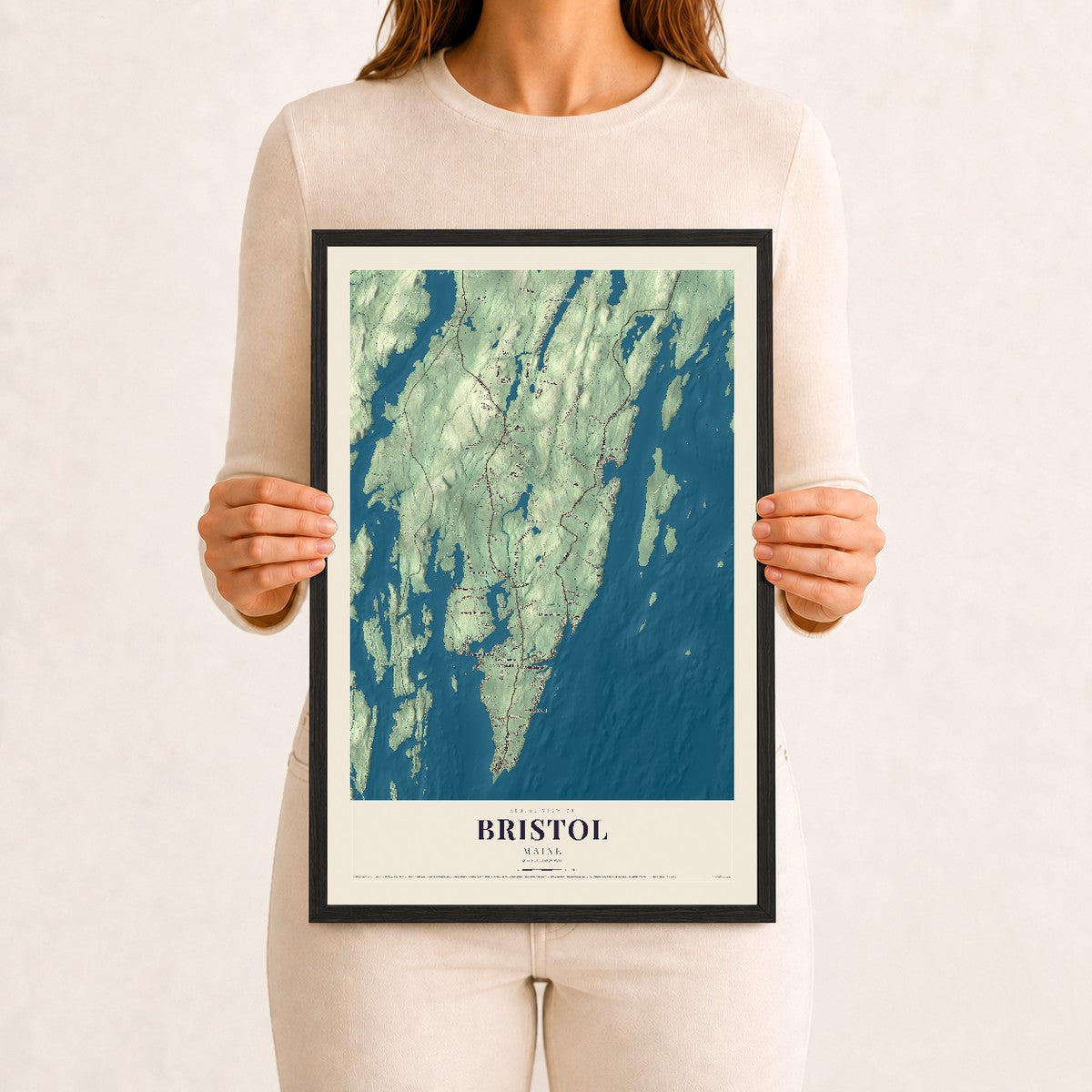 Bristol, Maine map print - 12 x 18 black Ayous wood frame