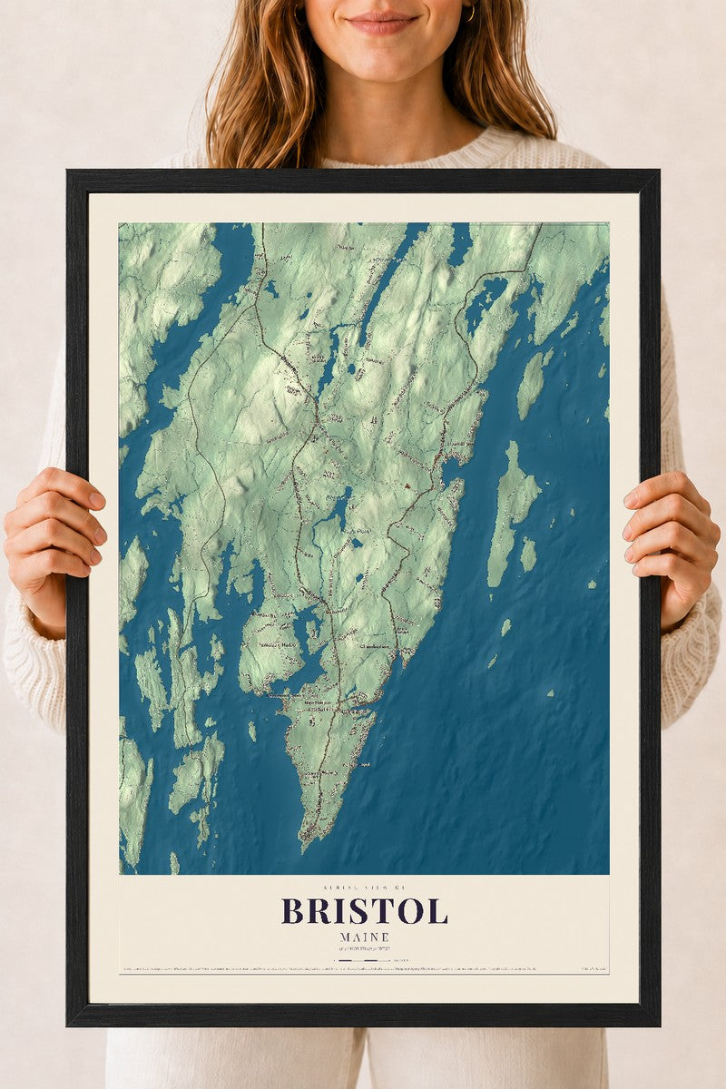 Bristol, Maine map print - 18 x 24 black Ayous wood frame