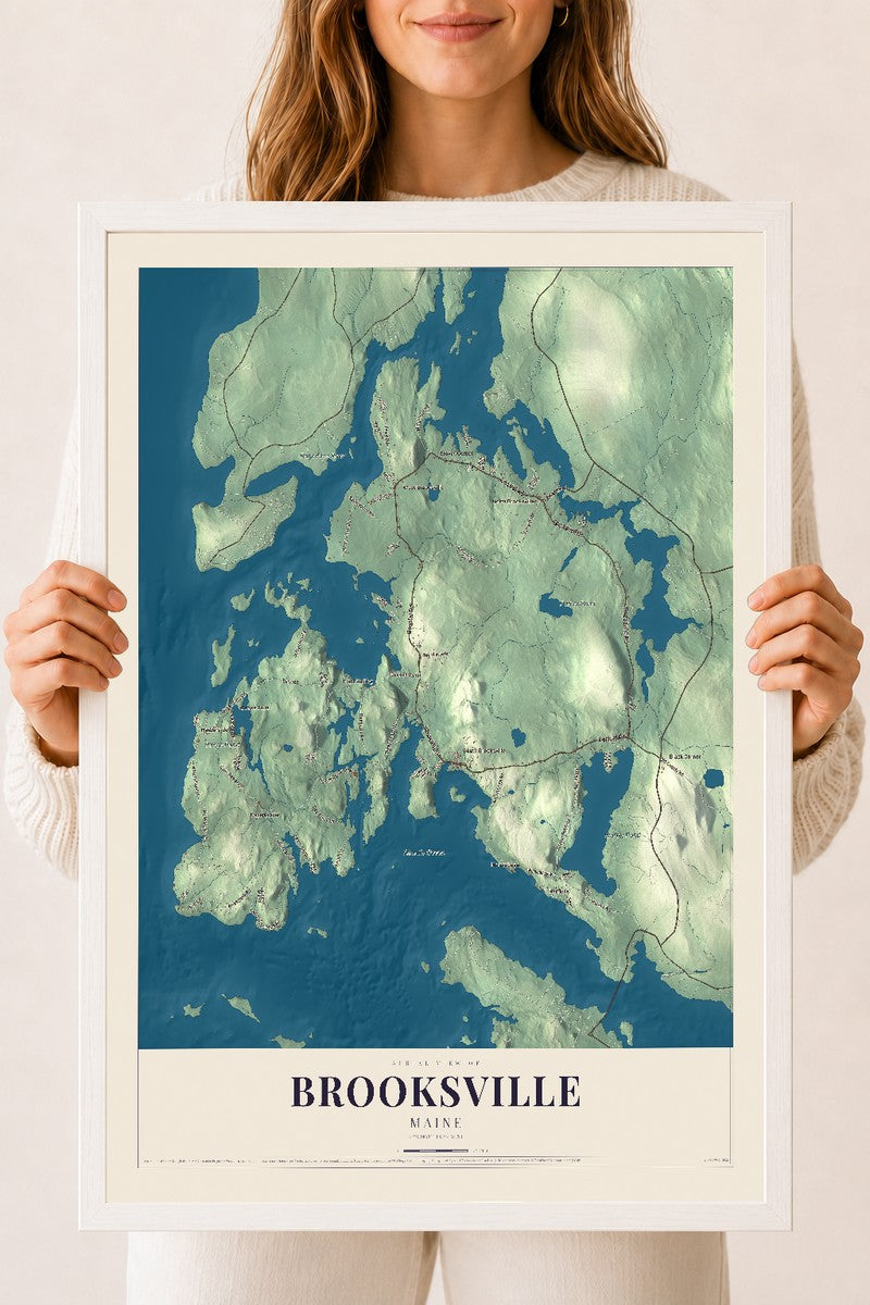 Brooksville, Maine map print - 18 x 24 white Ayous wood frame