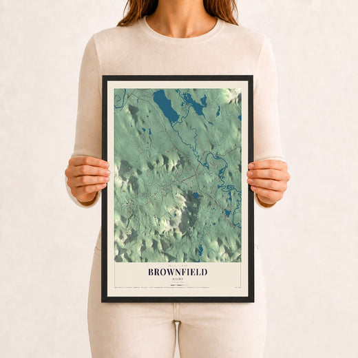 Map of Brownfield, Maine, 12 x 18 inch print in a black wood frame